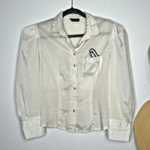 vtg 70s polka dot cream button up blouse statement puff‎ sleeves sheer Medium - Picture 1 of 12